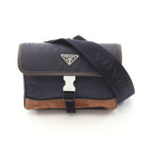Get Prada RE NYLON TESSUTO SAFFIANO Shoulder Bag Leather Navy Blue Brown